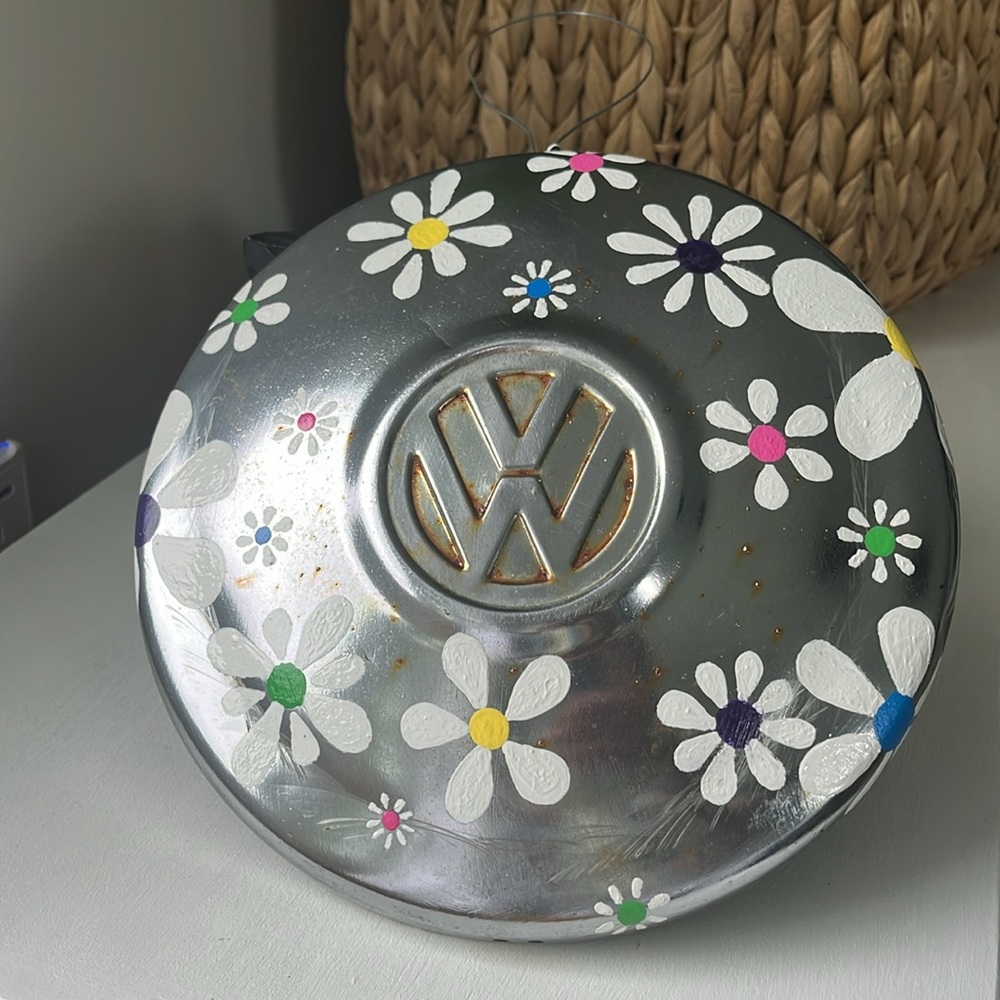 Hand painted Vintage retro VW Volkswagen bug beetle chrome hubcap wall colorful